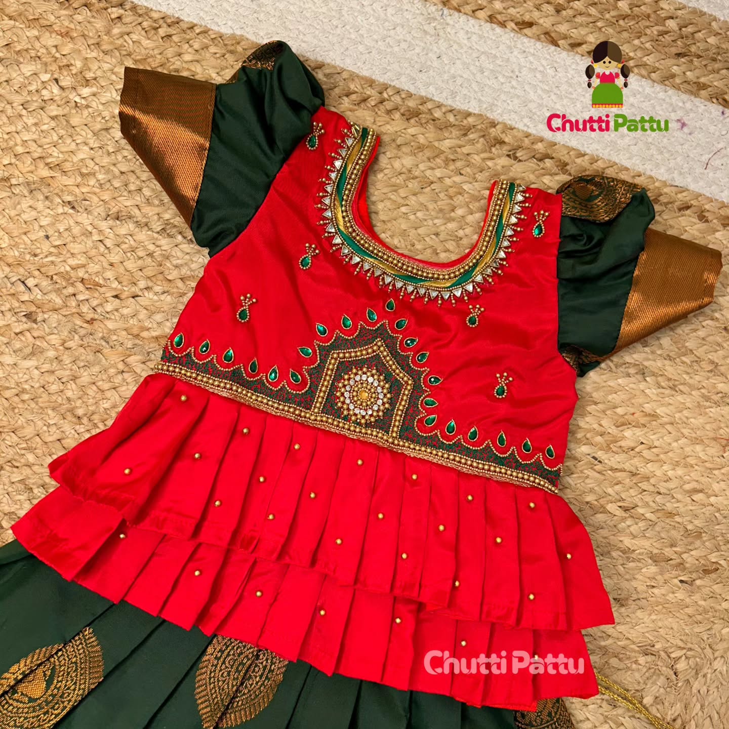 Red & Green Kanchi Soft Silk Premium Aari Pattu Pavadai | CPM_0303