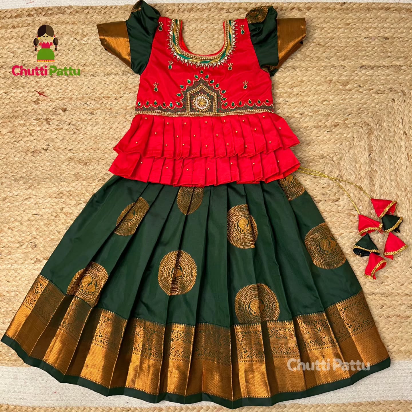 Red & Green Kanchi Soft Silk Premium Aari Pattu Pavadai | CPM_0303