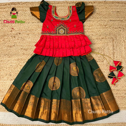 Red & Green Kanchi Soft Silk Premium Aari Pattu Pavadai | CPM_0303