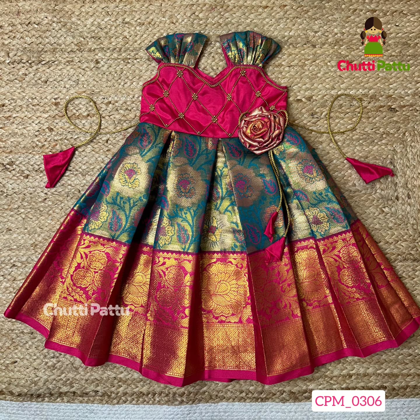 Pink & Ramar Blue Pure Kanchi Silk Frock | CPM_0306