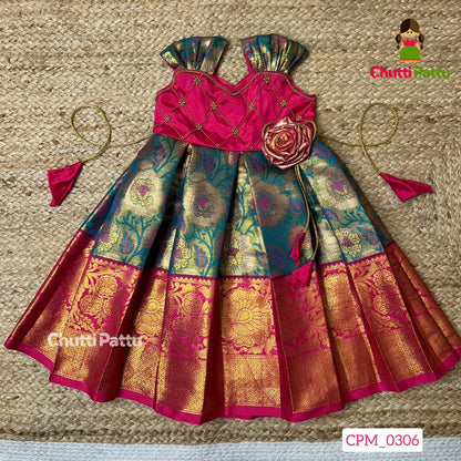 Pink & Ramar Blue Pure Kanchi Silk Frock | CPM_0306
