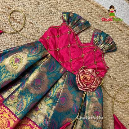 Pink & Ramar Blue Pure Kanchi Silk Frock | CPM_0306