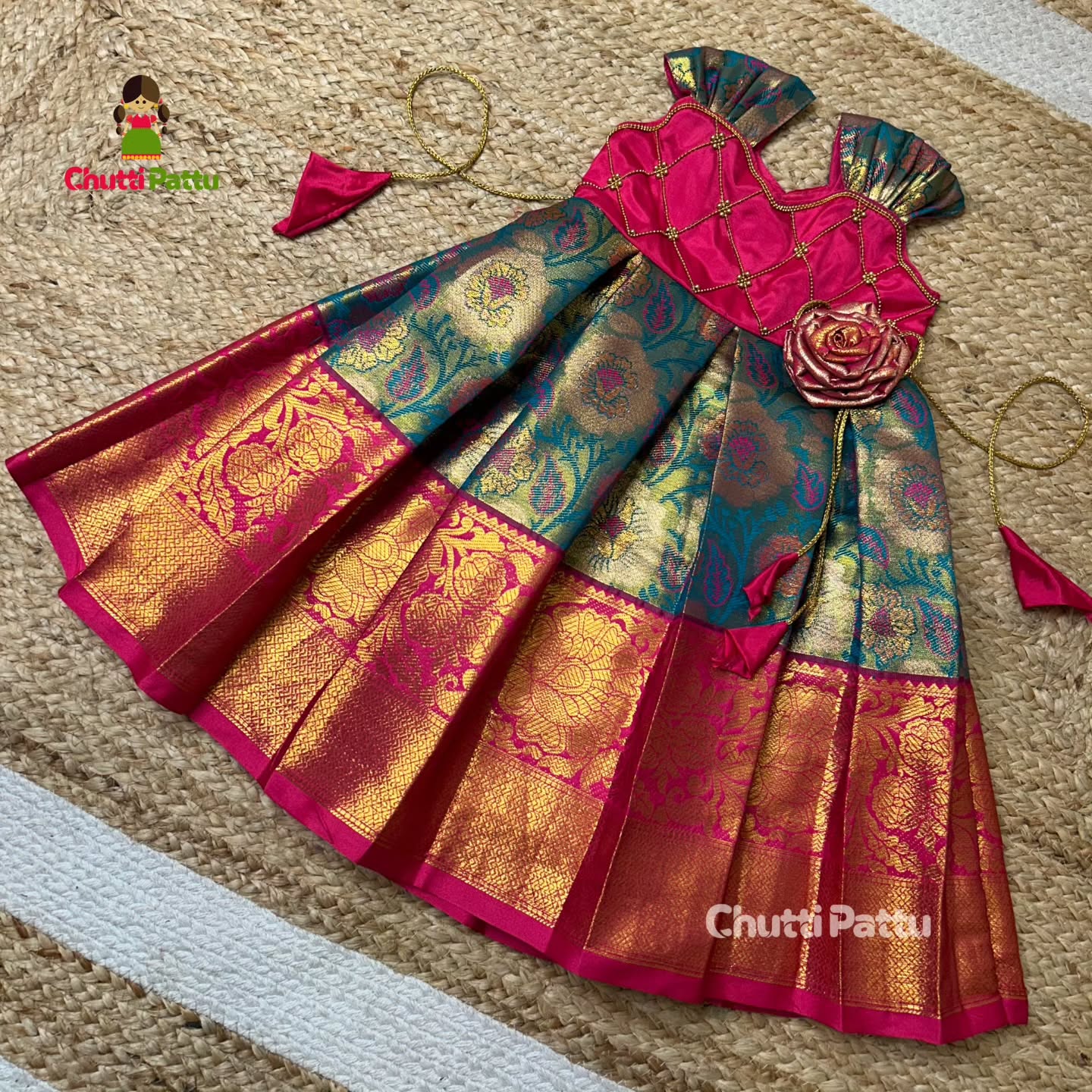 Pink & Ramar Blue Pure Kanchi Silk Frock | CPM_0306