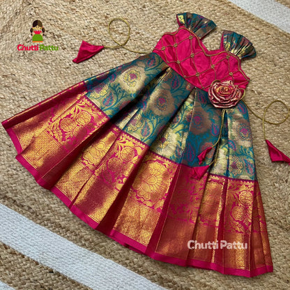 Pink & Ramar Blue Pure Kanchi Silk Frock | CPM_0306