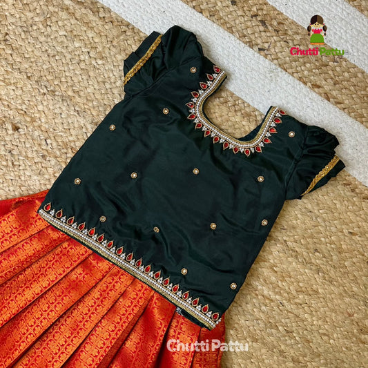 Dark Green & Red Kanchi Soft Silk Aari Pattu Pavadai | CPM_0307
