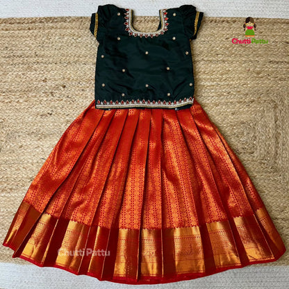 Dark Green & Red Kanchi Soft Silk Aari Pattu Pavadai | CPM_0307