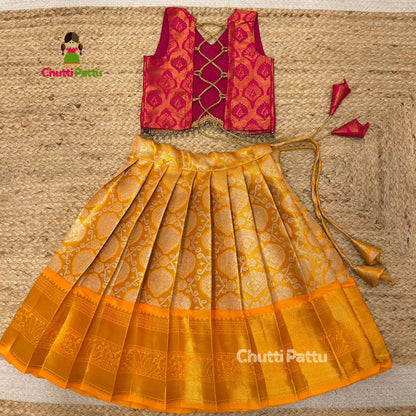 Pink & Yellow Kanchi Tissue Silk Pattu Pavadai | CPM_0316