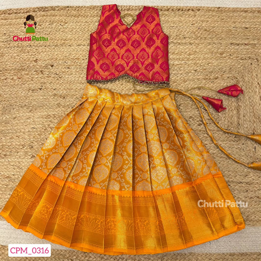 Pink & Yellow Kanchi Tissue Silk Pattu Pavadai | CPM_0316