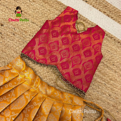 Pink & Yellow Kanchi Tissue Silk Pattu Pavadai | CPM_0316