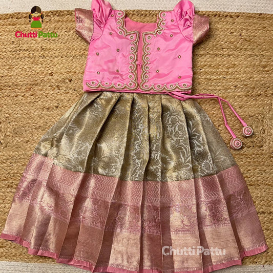 Pastel Pink & Gold Premium Tissue Silk Overcoat Aari Set | CPM_0318