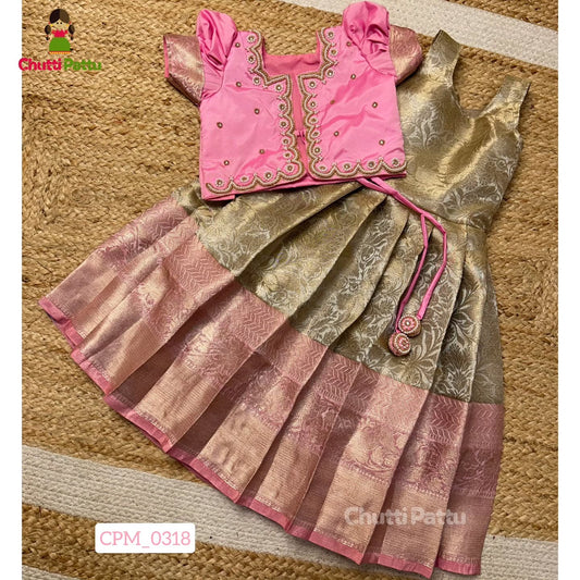 Pastel Pink & Gold Premium Tissue Silk Overcoat Aari Set | CPM_0318