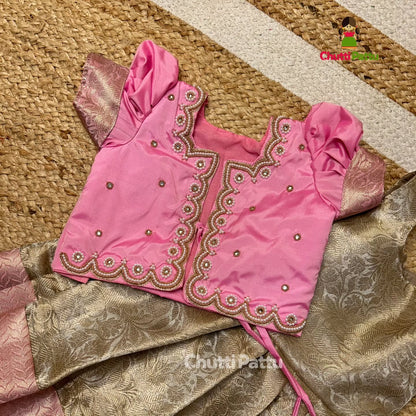 Pastel Pink & Gold Premium Tissue Silk Overcoat Aari Set | CPM_0318