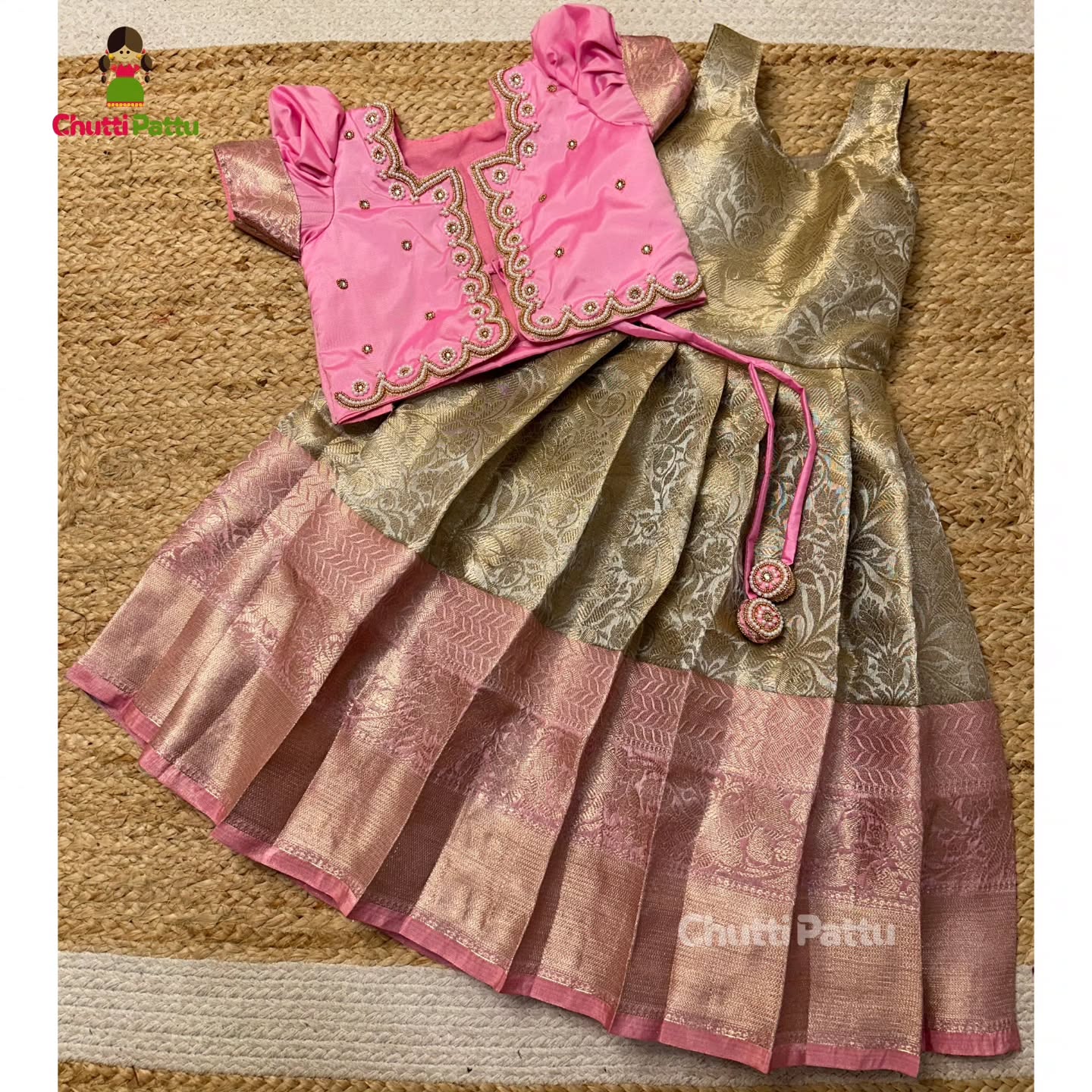 Pastel Pink & Gold Premium Tissue Silk Overcoat Aari Set | CPM_0318