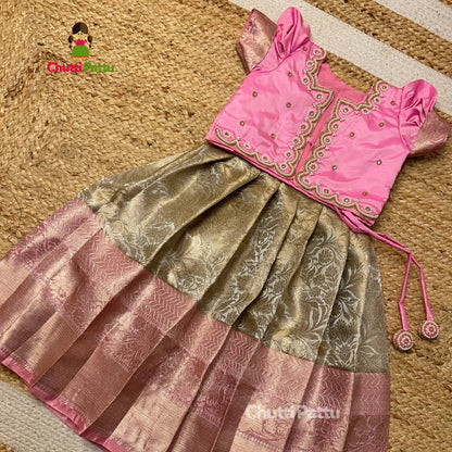 Pastel Pink & Gold Premium Tissue Silk Overcoat Aari Set | CPM_0318