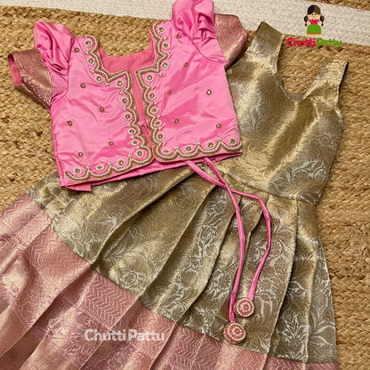 Pastel Pink & Gold Premium Tissue Silk Overcoat Aari Set | CPM_0318