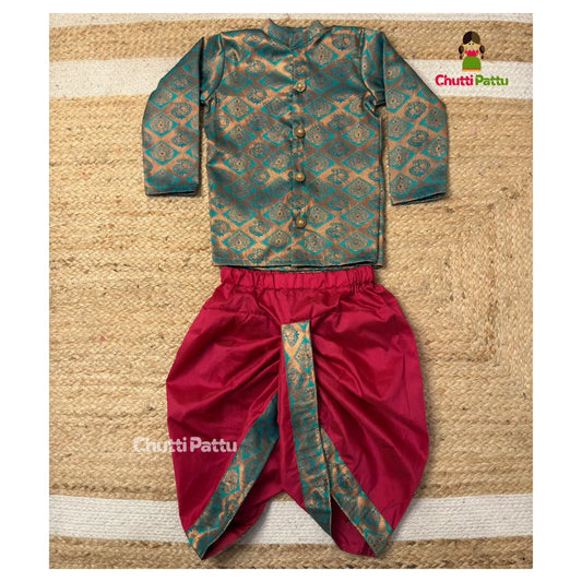 Light Teal Green & Pink Kanchi Soft Silk Kurta & Dhoti Set  | CPM_0321B