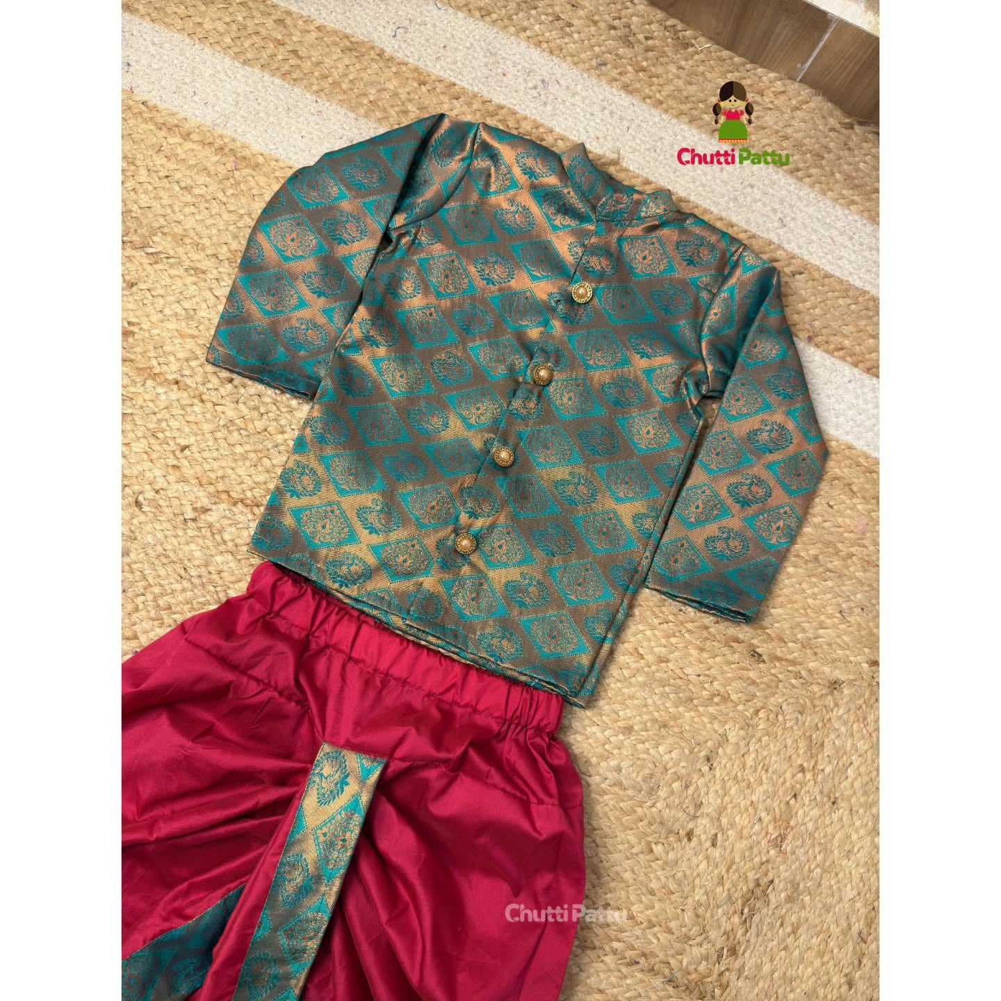 Light Teal Green & Pink Kanchi Soft Silk Kurta & Dhoti Set  | CPM_0321B