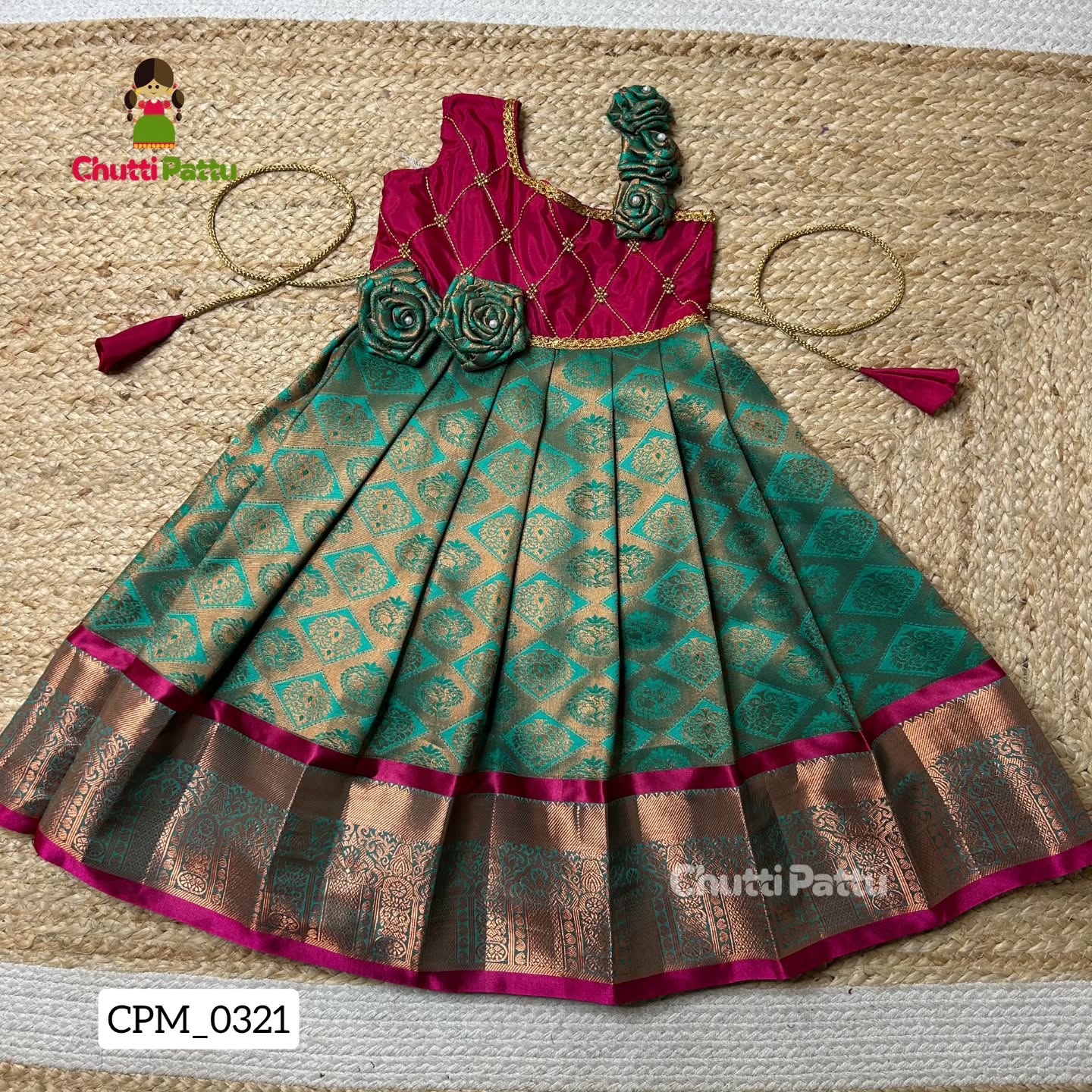 Light Teal & Magenta Crisscross Pure Kanchi Silk Rose Frock | CPM_0321