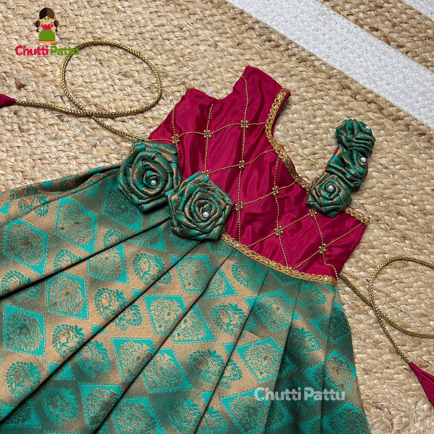 Light Teal & Magenta Crisscross Pure Kanchi Silk Rose Frock | CPM_0321