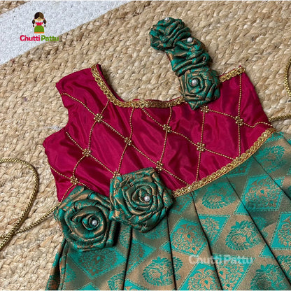 Light Teal & Magenta Crisscross Pure Kanchi Silk Rose Frock | CPM_0321