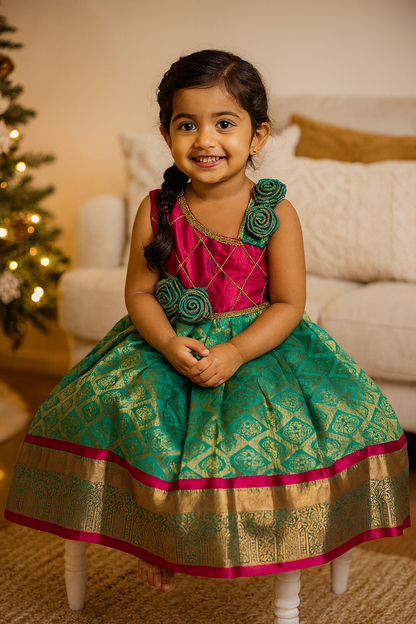 Light Teal & Magenta Crisscross Pure Kanchi Silk Rose Frock | CPM_0321