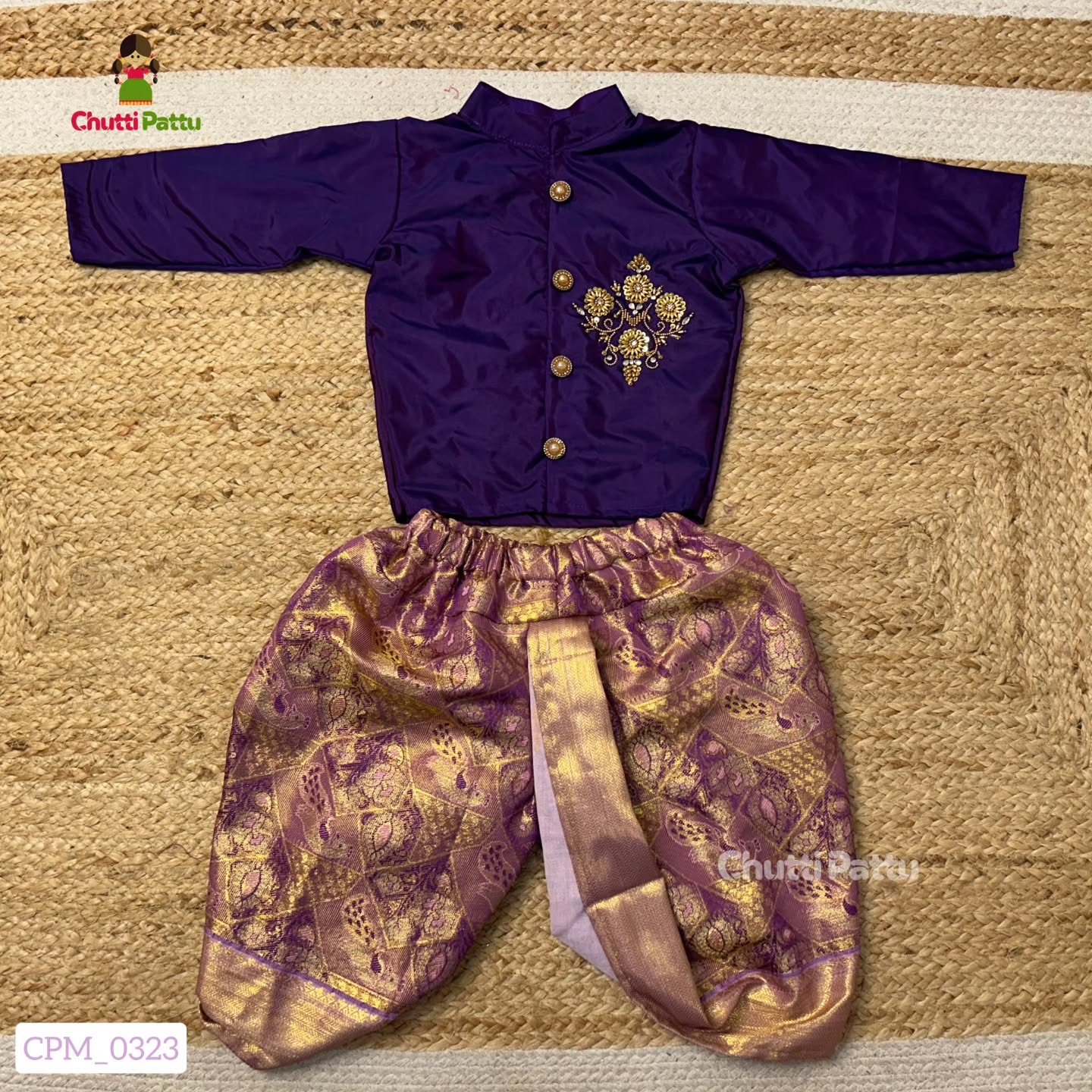 Lavender & Purple Semi Kanchi Silk Aari Kurta - Dhoti Set for Boy Babies | CPM_0323B