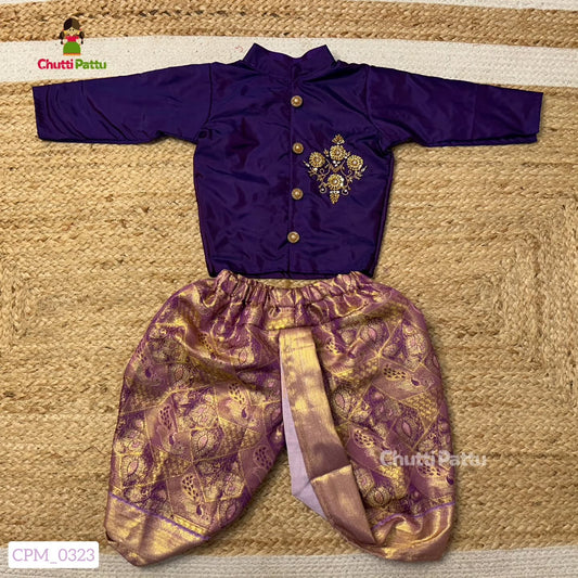 Lavender & Purple Semi Kanchi Silk Aari Kurta - Dhoti Set for Boy Babies | CPM_0323B