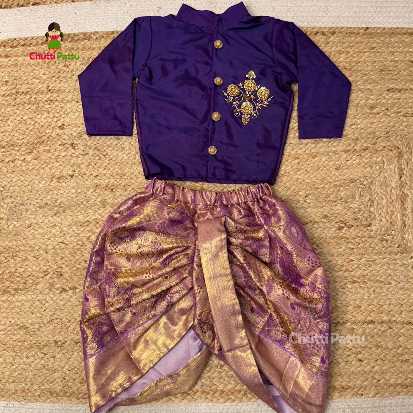 Lavender & Purple Semi Kanchi Silk Aari Kurta - Dhoti Set for Boy Babies | CPM_0323B