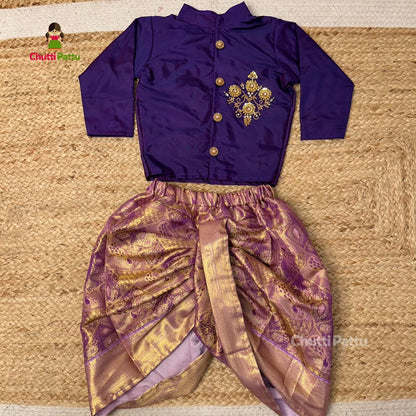 Lavender & Purple Semi Kanchi Silk Aari Kurta - Dhoti Set for Boy Babies | CPM_0323B
