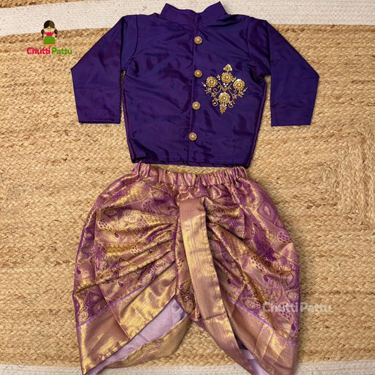 Lavender & Purple Semi Kanchi Silk Aari Kurta - Dhoti Set for Boy Babies | CPM_0323B