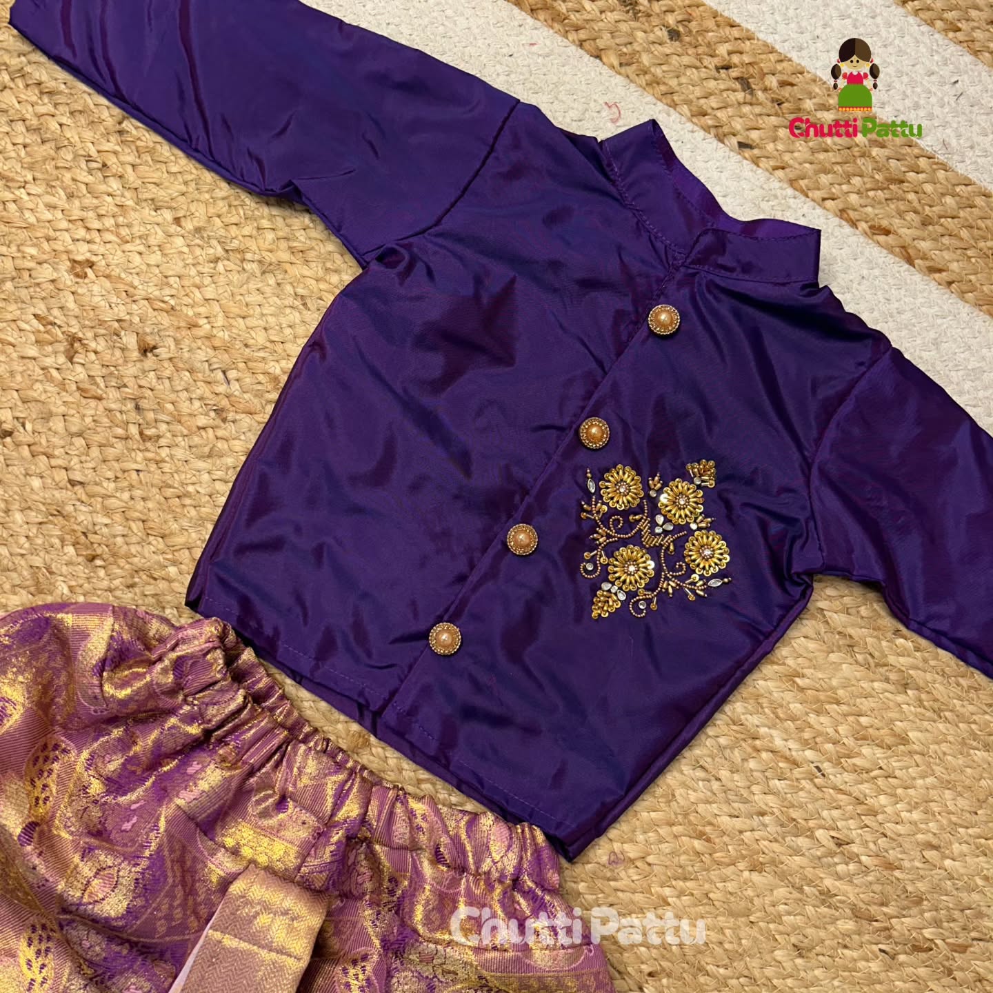 Lavender & Purple Semi Kanchi Silk Aari Kurta - Dhoti Set for Boy Babies | CPM_0323B