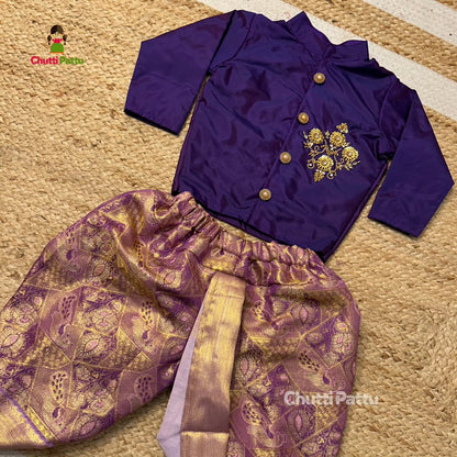 Lavender & Purple Semi Kanchi Silk Aari Kurta - Dhoti Set for Boy Babies | CPM_0323B