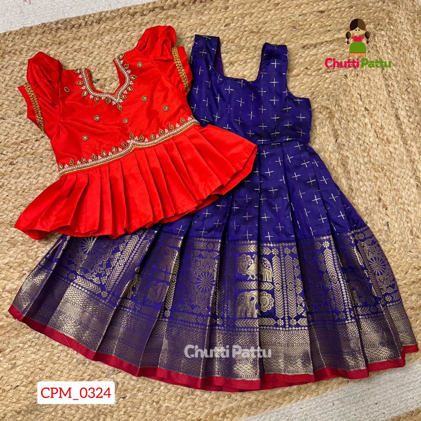 Red & Dark Blue Premium Peplum Aari Pattu Pavadai | CPM_0324