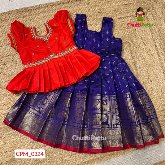 Red & Dark Blue Premium Peplum Aari Pattu Pavadai | CPM_0324