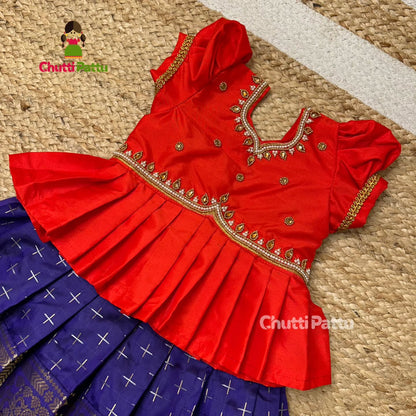 Red & Dark Blue Premium Peplum Aari Pattu Pavadai | CPM_0324