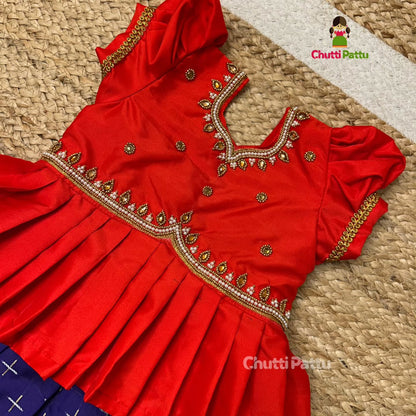 Red & Dark Blue Premium Peplum Aari Pattu Pavadai | CPM_0324