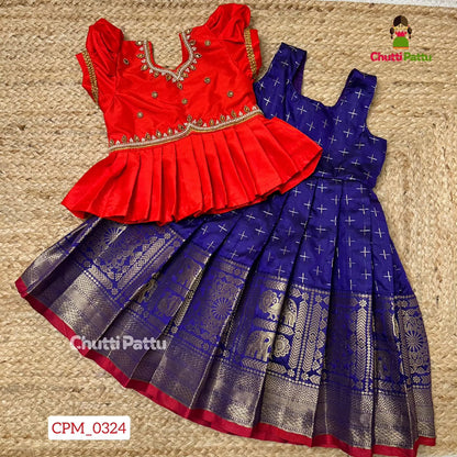 Red & Dark Blue Premium Peplum Aari Pattu Pavadai | CPM_0324