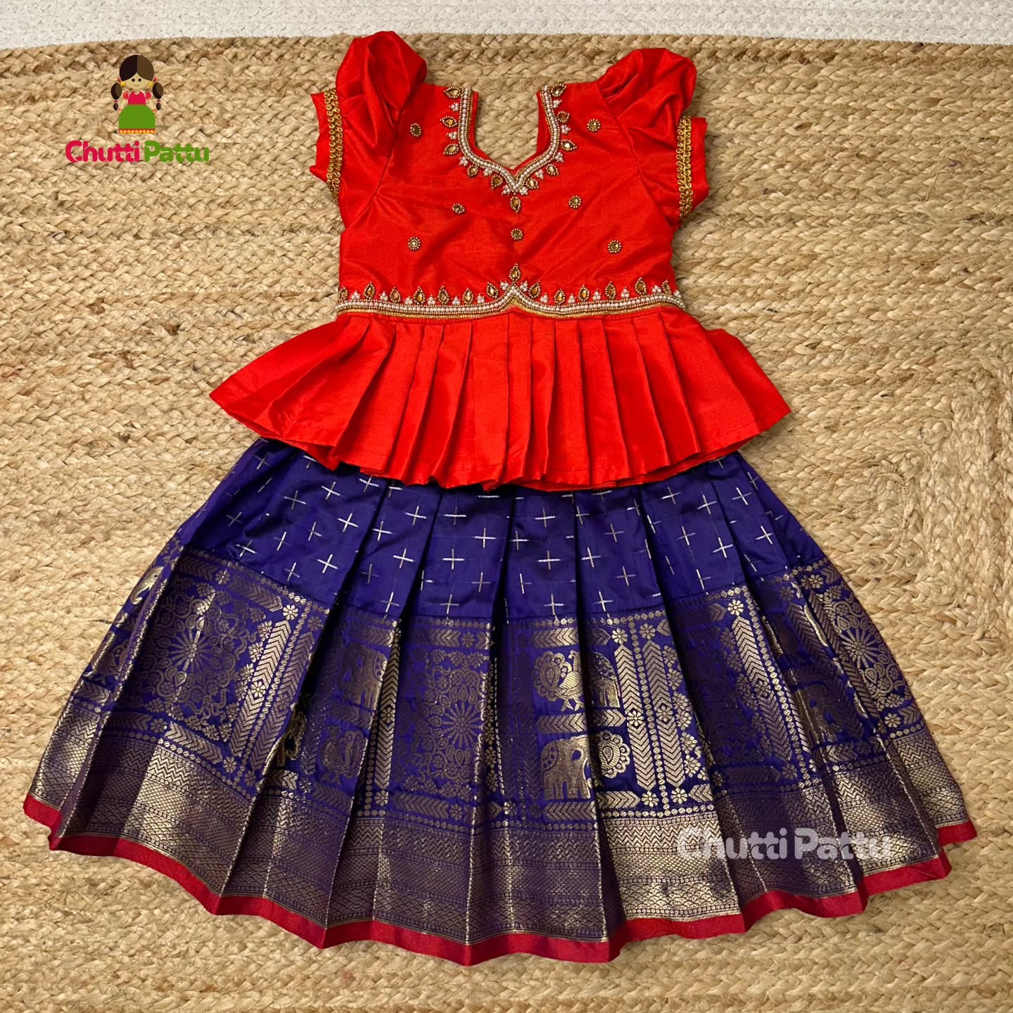 Red & Dark Blue Premium Peplum Aari Pattu Pavadai | CPM_0324