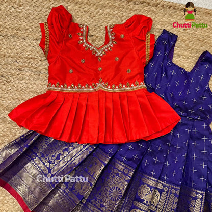 Red & Dark Blue Premium Peplum Aari Pattu Pavadai | CPM_0324