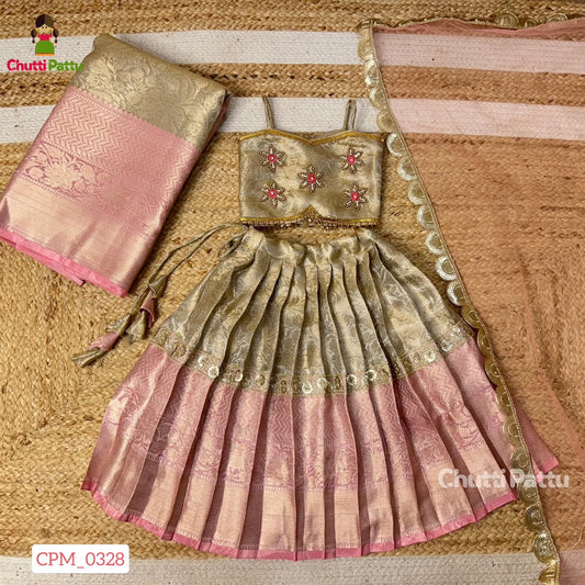 Pastel Pink & Gold Premium Tissue Silk Aari Set | CPM_0328