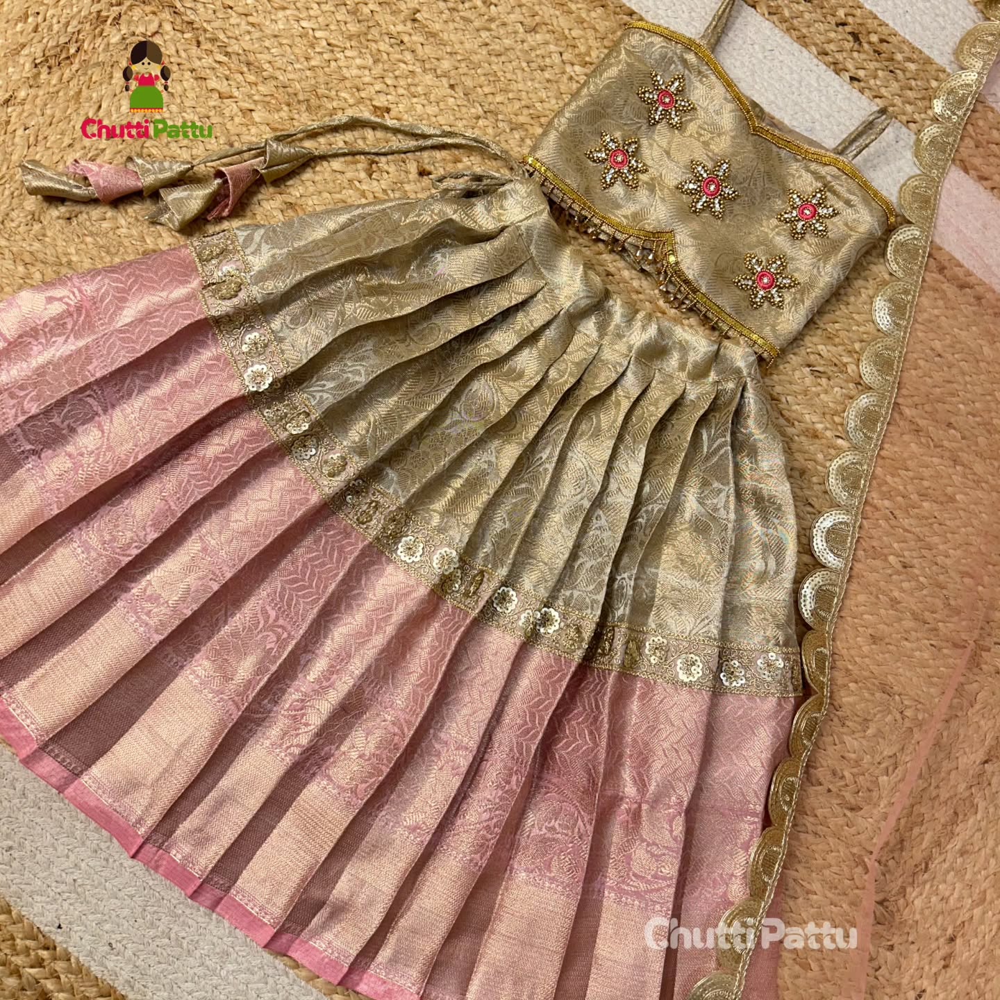 Pastel Pink & Gold Premium Tissue Silk Aari Set | CPM_0328