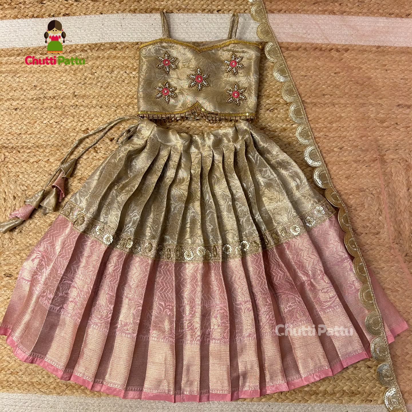 Pastel Pink & Gold Premium Tissue Silk Aari Set | CPM_0328