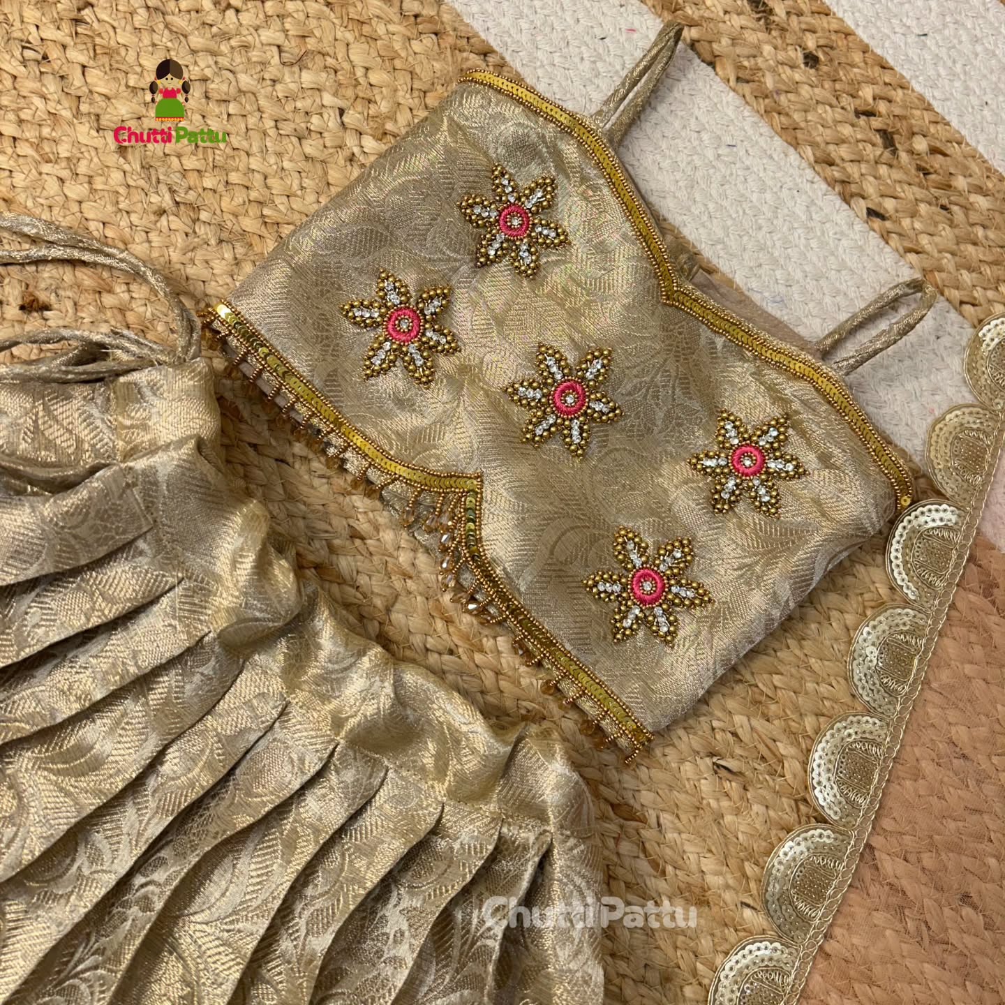Pastel Pink & Gold Premium Tissue Silk Aari Set | CPM_0328