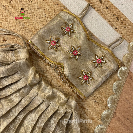 Pastel Pink & Gold Premium Tissue Silk Aari Set | CPM_0328
