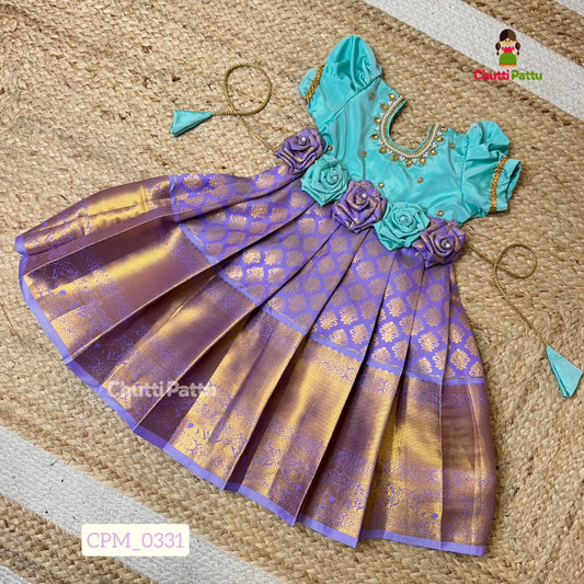Mint Green & Lavender Neck aari Kanchi Soft Silk Rose Bow Frock | CPM_0331
