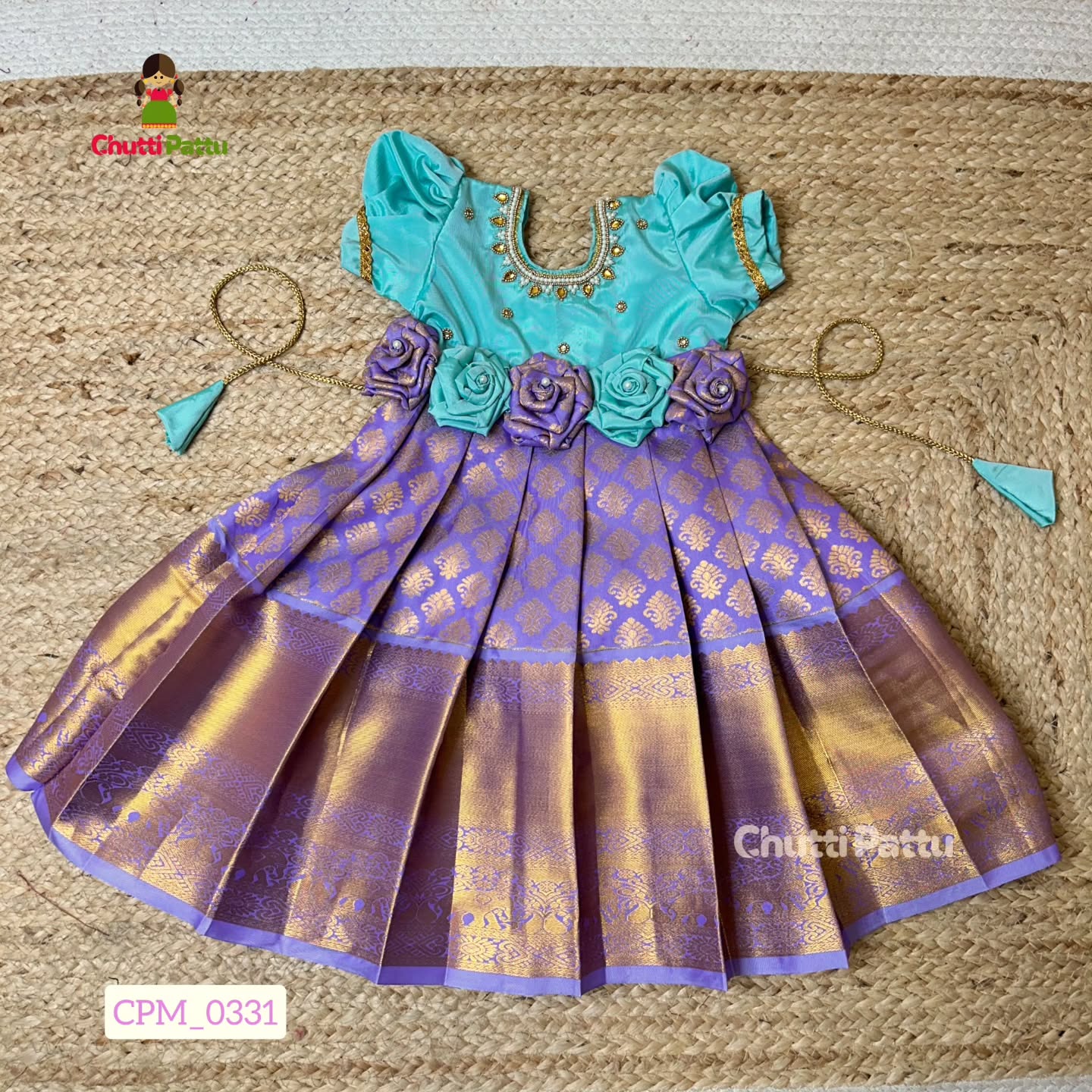 Mint Green & Lavender Neck aari Kanchi Soft Silk Rose Bow Frock | CPM_0331
