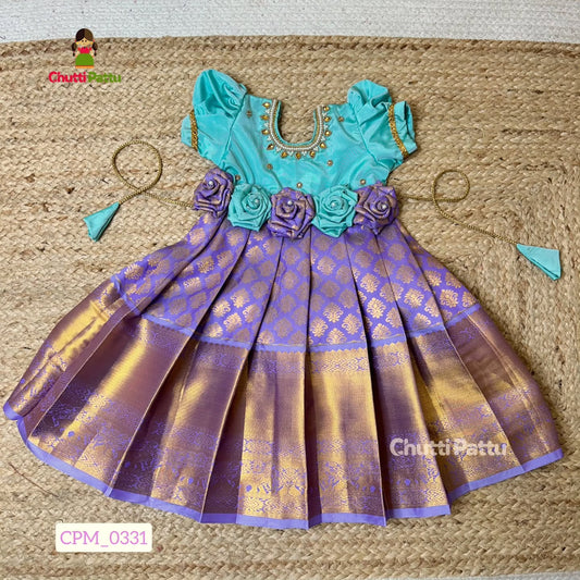 Mint Green & Lavender Neck aari Kanchi Soft Silk Rose Bow Frock | CPM_0331