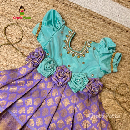 Mint Green & Lavender Neck aari Kanchi Soft Silk Rose Bow Frock | CPM_0331