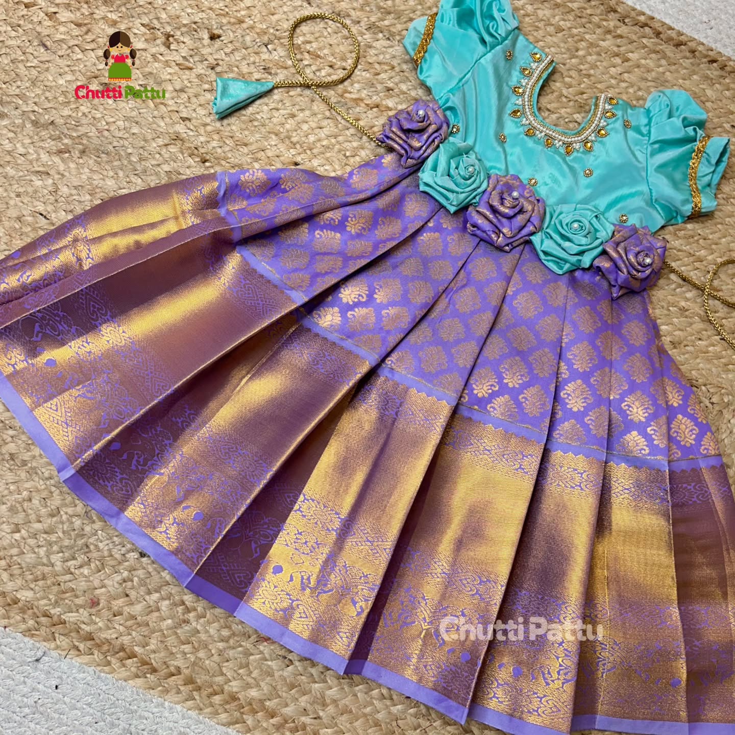 Mint Green & Lavender Neck aari Kanchi Soft Silk Rose Bow Frock | CPM_0331