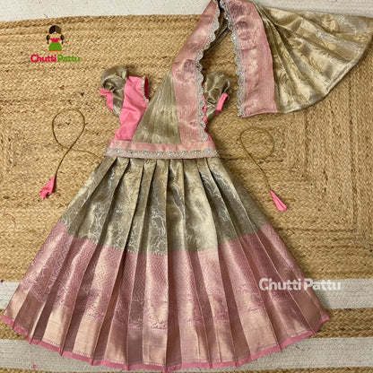 Pastel Pink & Gold Premium Tissue Silk Gown with Detachable Dupatta | CPM_0333